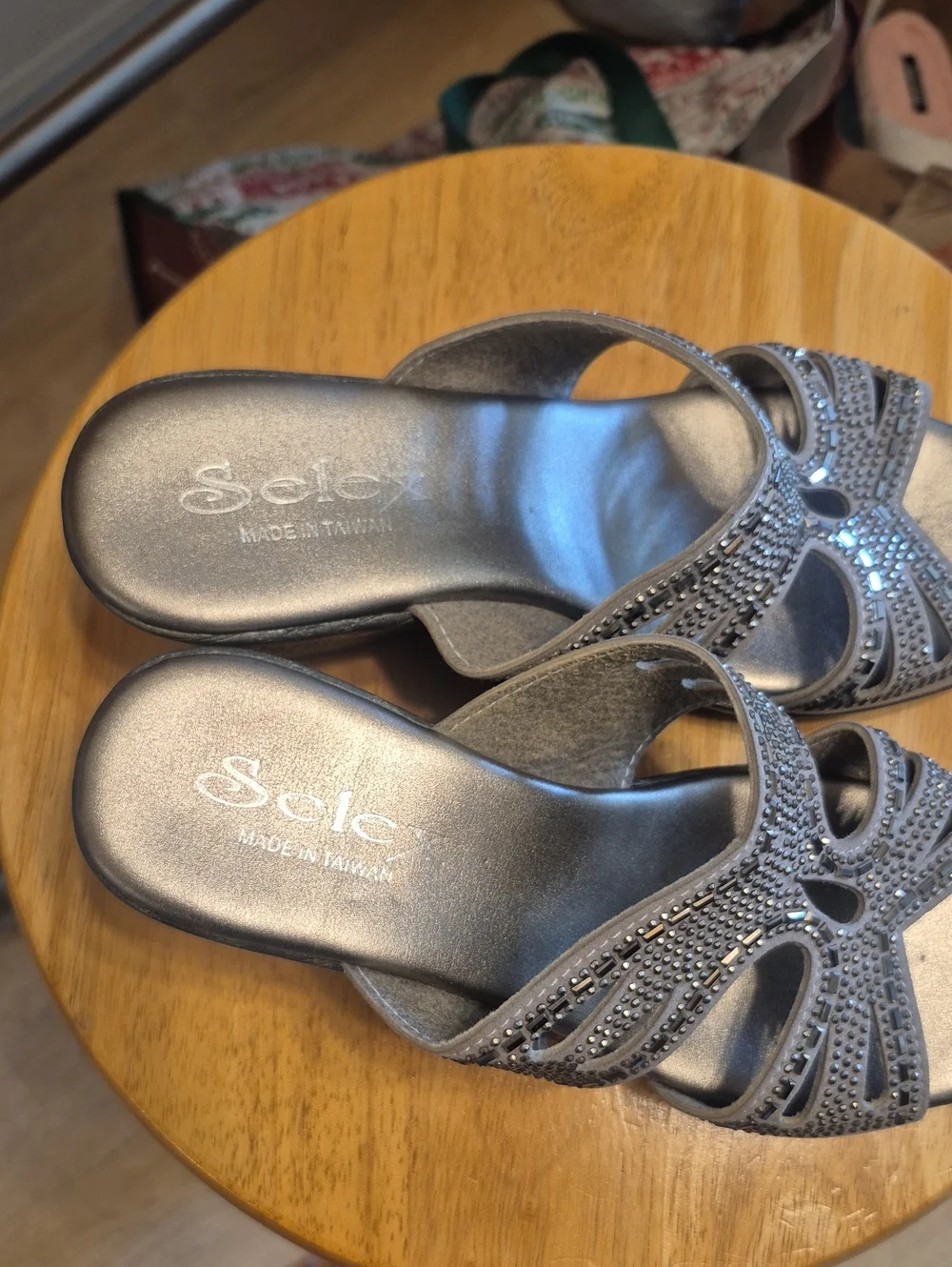 Selex Gray Beddazzled Wedge Heels